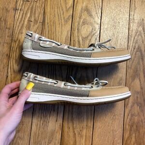 Sperry Top-Sider Angfish Boat Shoes Tan Leather Mesh Striped Loafers 9.5M 95786